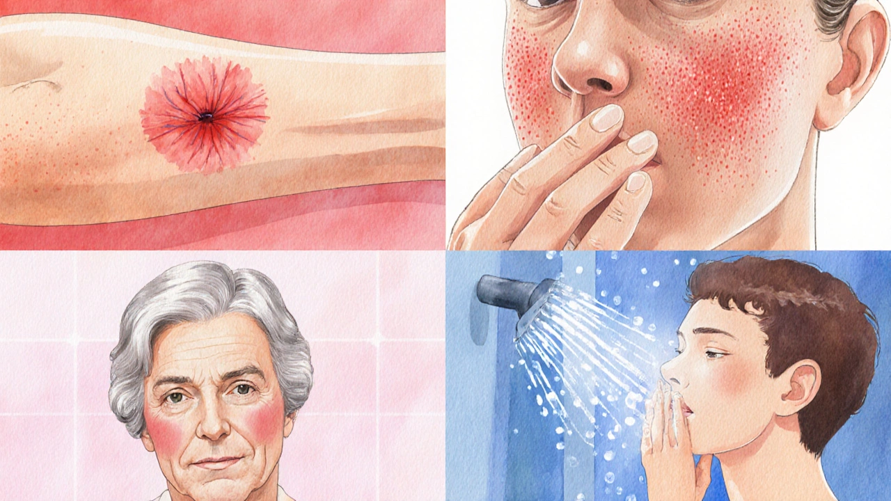 Čtyři částí ukazují infekční erytém, alergický ekzém, rosacea a horkou sprchu.