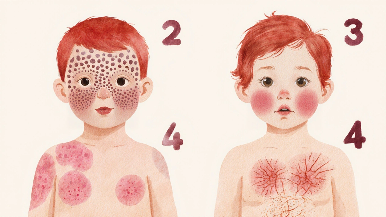 Čtyři panelové ilustrace: spalničky, sveti, měkvová vyrážka a atopická dermatitida.