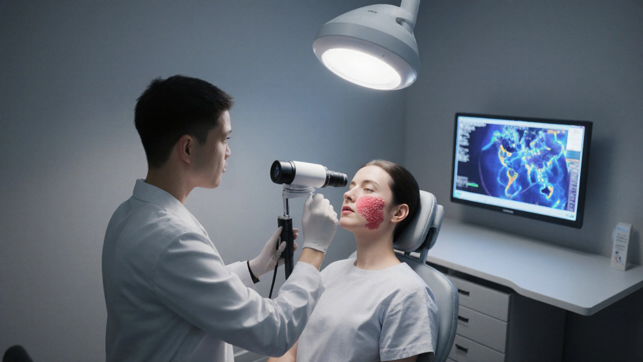 Dermatolog zkoumá tvář pacienta dermatoskopem v klinice.