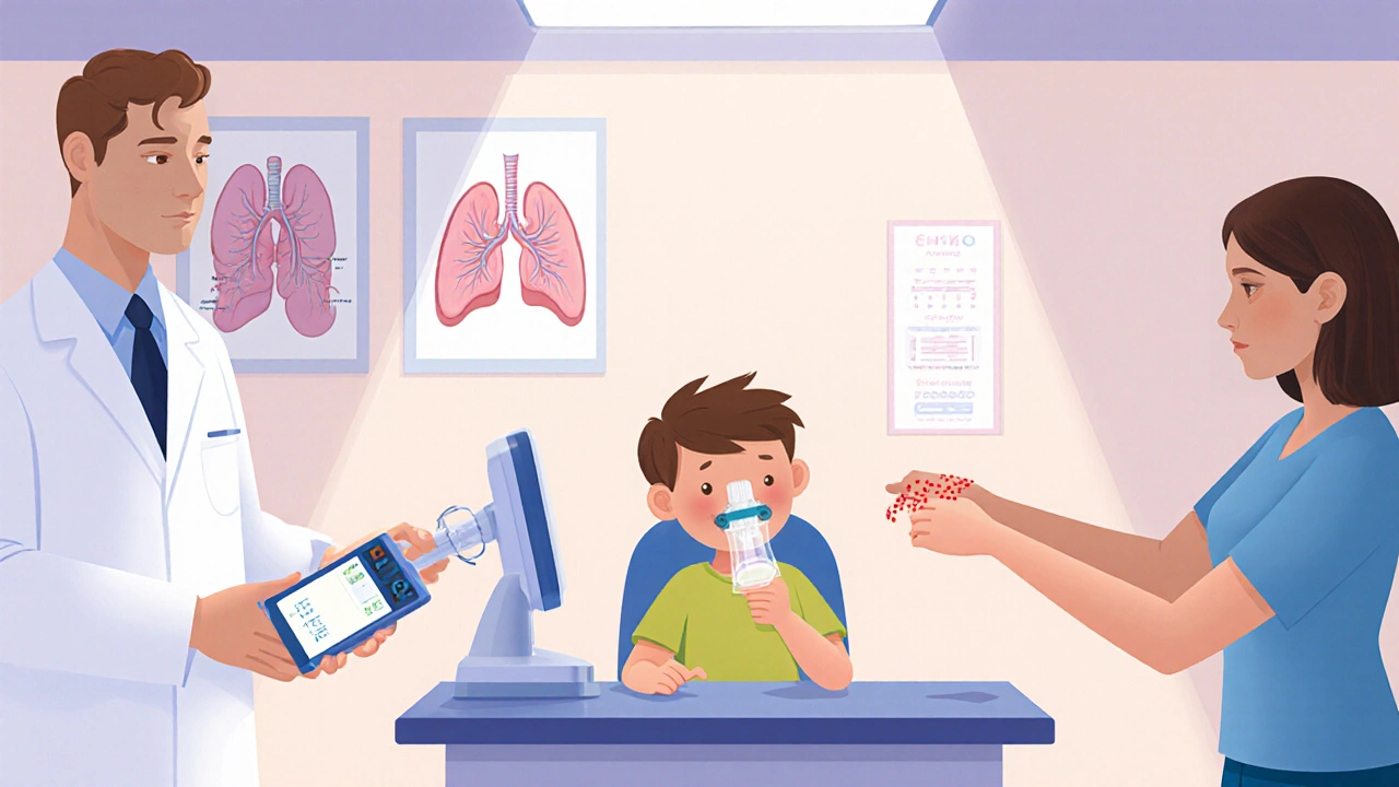Dítě provádí spirometrii a testy alergie v dětském pneumologickém zařízení.