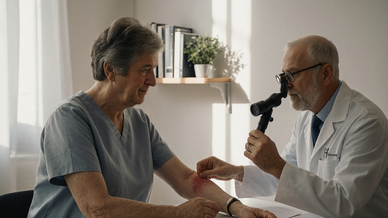 Pacient s vyrážkou v lékařské ordinaci, lékař zkoumá kůži dermatoskopem.