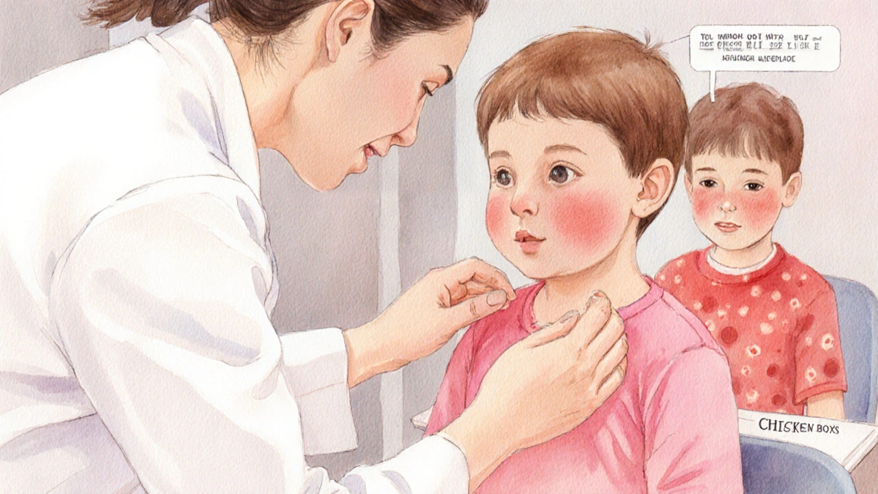 Pediatr zkoumá dítě s růžovou vyrážkou, v pozadí viditelné jiné typy vyrážek.