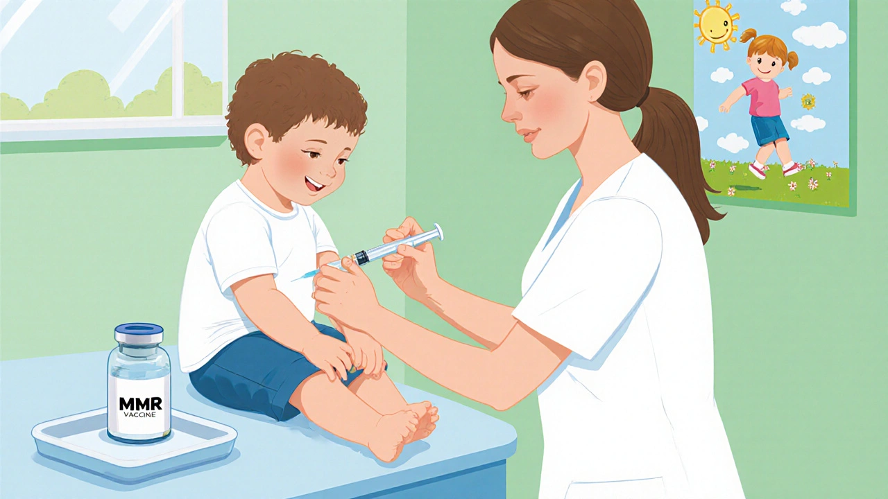Sestra podává MMR vakcínu batoleti v jasné klinické místnosti.