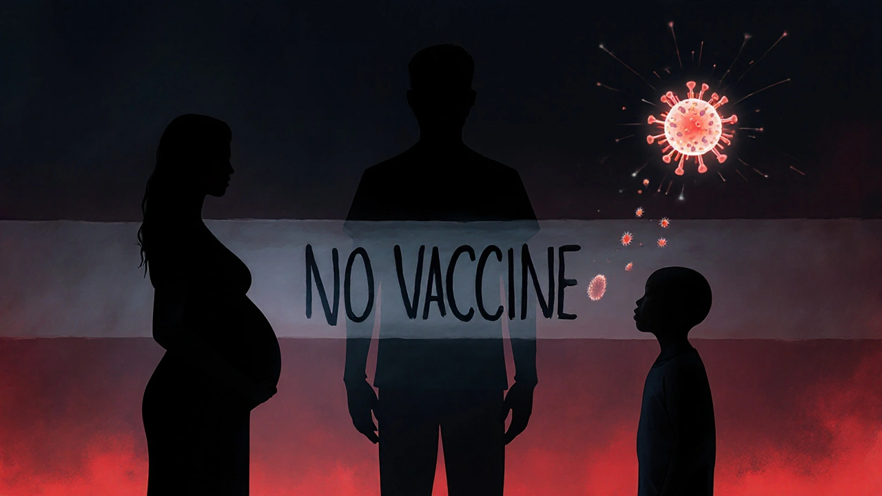 Tři zranitelné osoby za bariérou 'Žádná vakcína', virus se k nim blíží v temném prostředí.