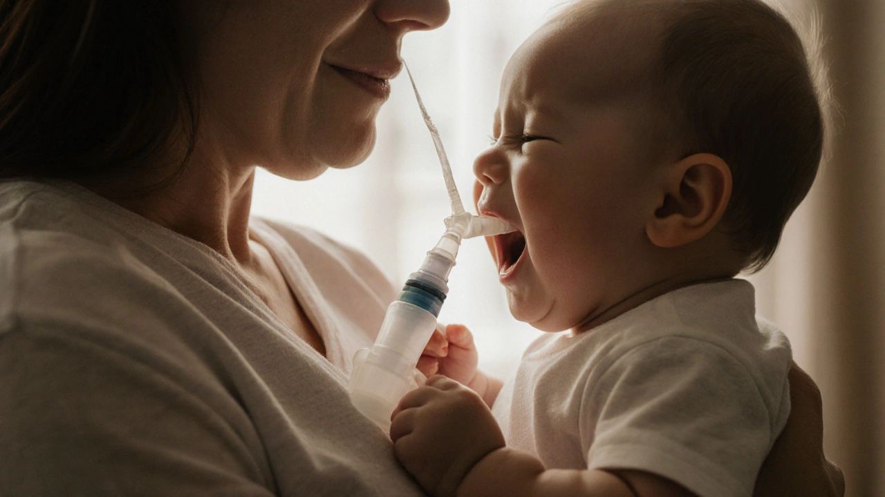 Matka čistí nos kojenci bulb syringe, dítě má otevřenou ústa z dýchacích potíží.