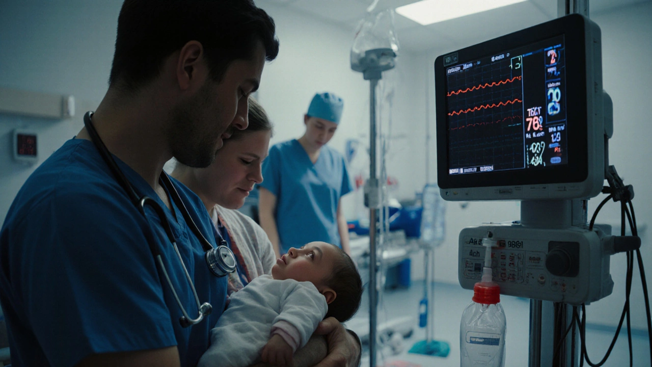 Pediatrická pohotovost v noci: rodič drží spící kojence, lékař kontroluje teplotu na monitoru, sestra připravuje infuzi.