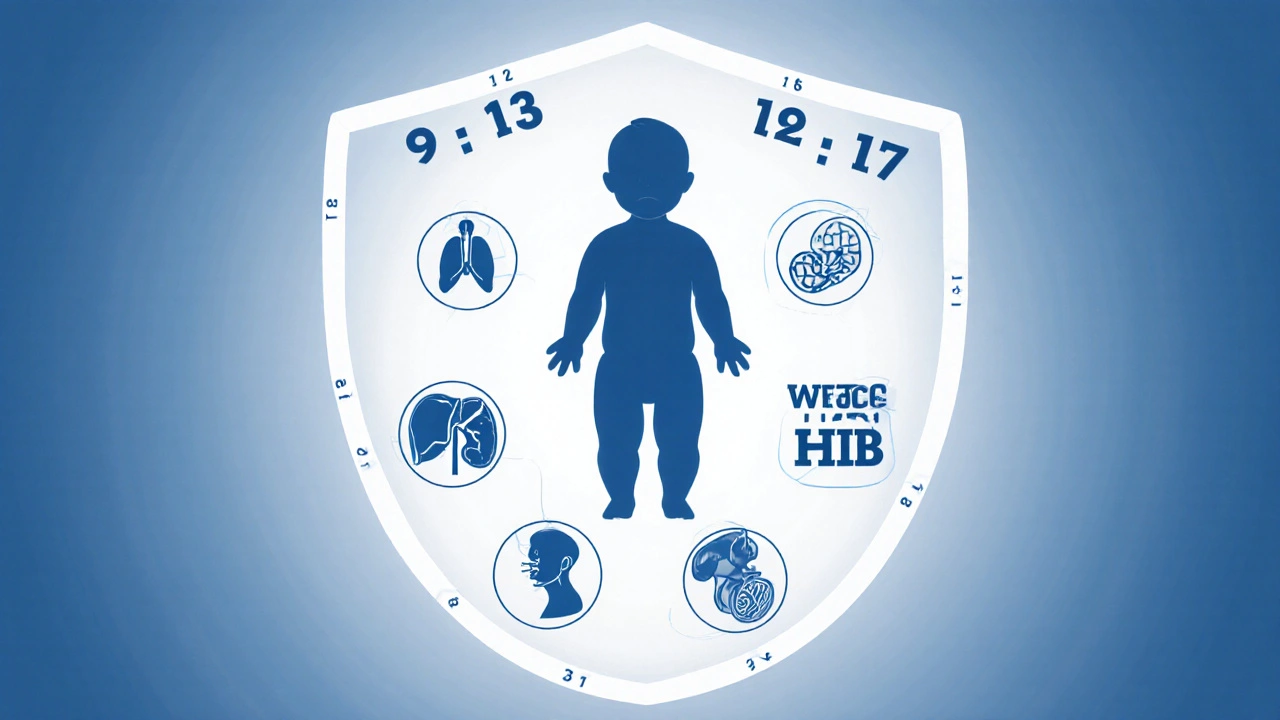 Six diseases protected by hexavalent vaccine shown as icons around a baby