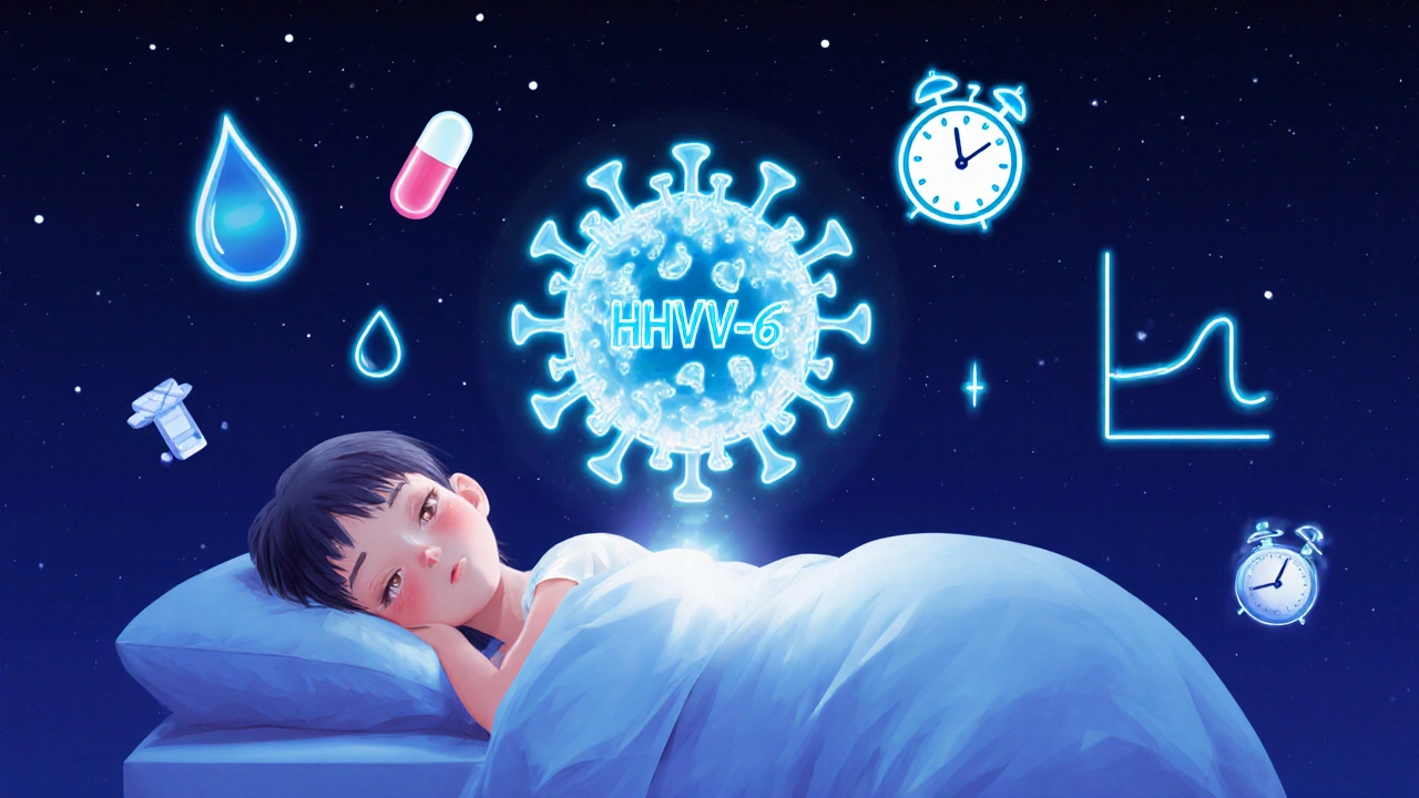 Virus HHV-6 se mění ve světlo, zatímco dítě spí — symbolizuje přirozené uzdravení.