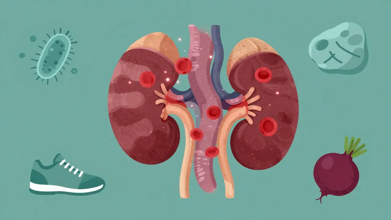 Abstraktní ilustrace ledviny s červenými krevními buňkami a symboly příčin hematurie.