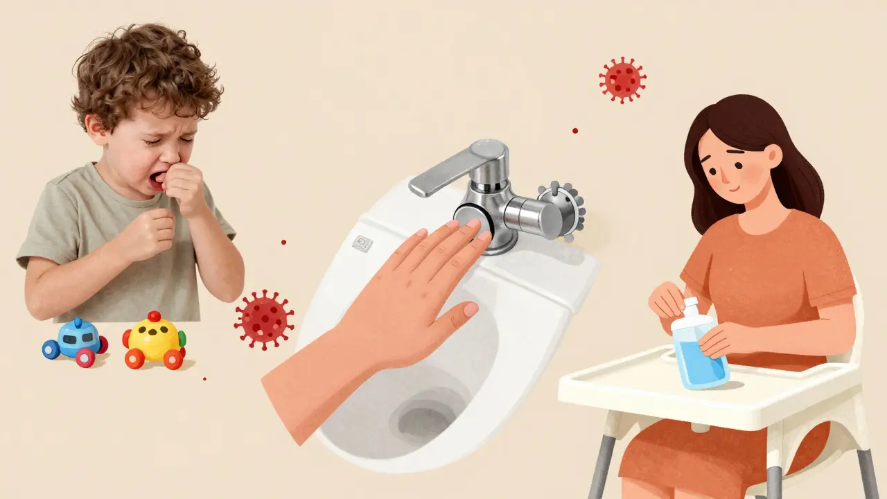 Tři scény ukazující, jak se virus šíří: kašlání, dotek koberce a dezinfekce hraček.