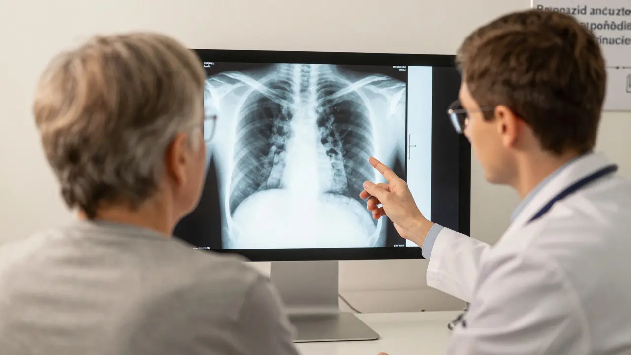Zdravotník vysvětluje pacientovi rentgen plic v klinice
