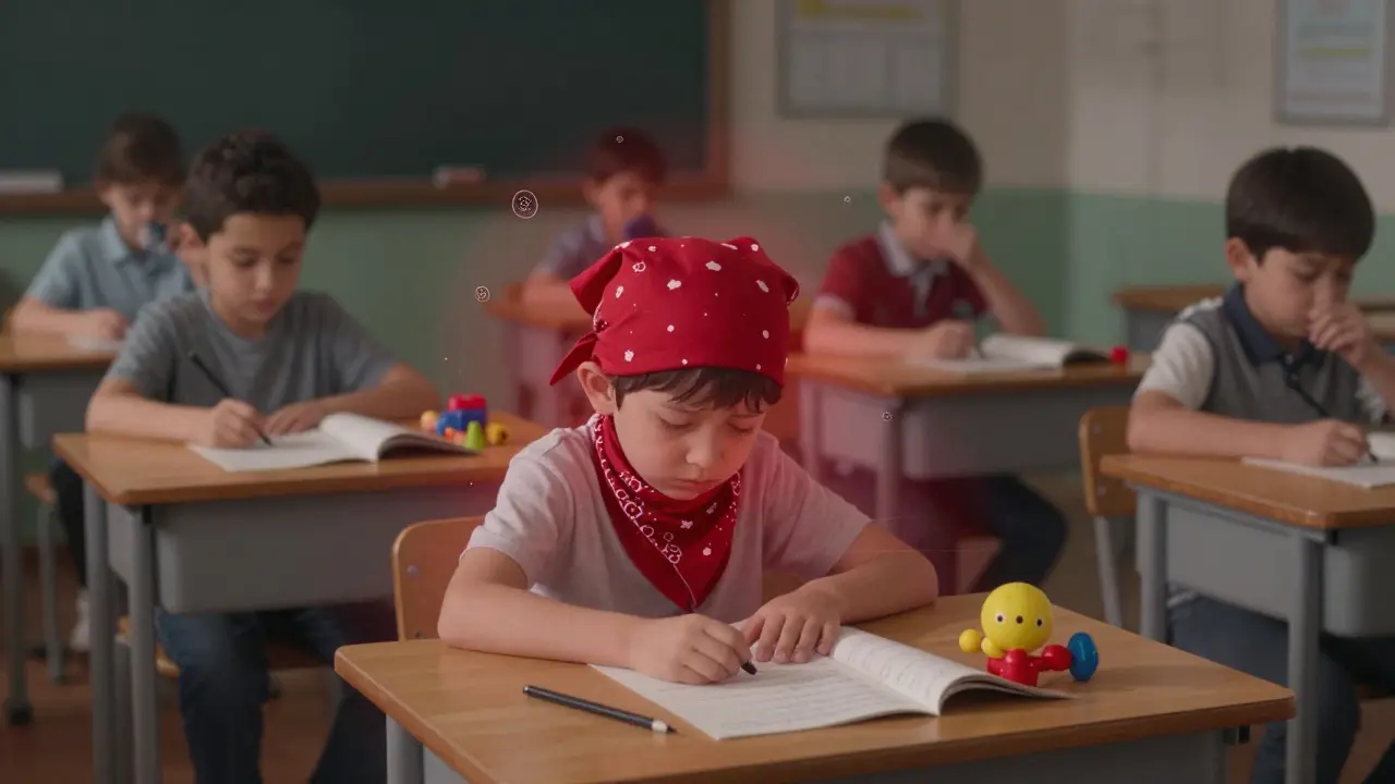 Děti ve třídě, kde jedno dítě je nemocné a ostatní se dotýkají společných hraček.