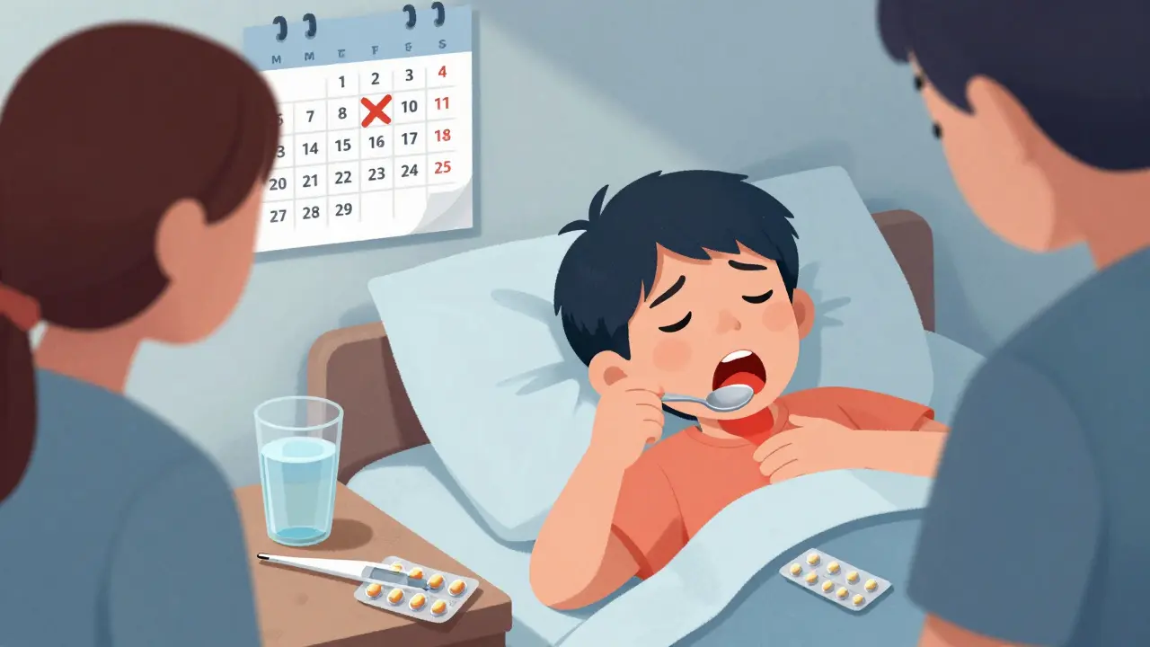 Dítě s horečkou v posteli, rodiče se dívají, na nočním stolku antibiotika a teploměr.