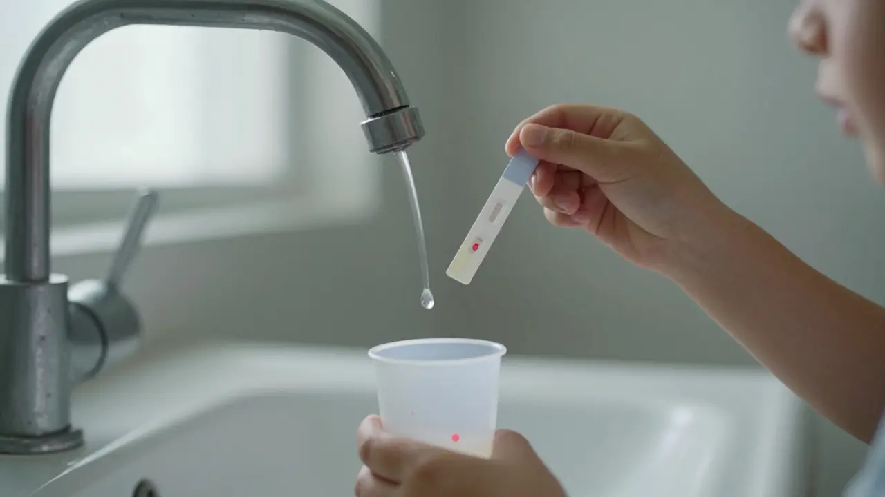 Dítě sbírá moč do nádoby s testovacím proužkem, viditelné bakterie v moči.
