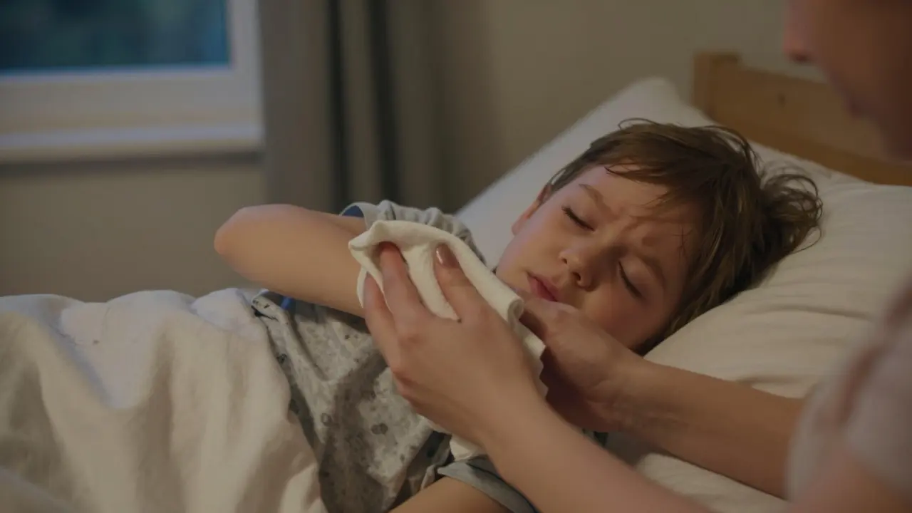Matka jemně otírá horečnaté dítě mokrým ručníkem na lůžku.