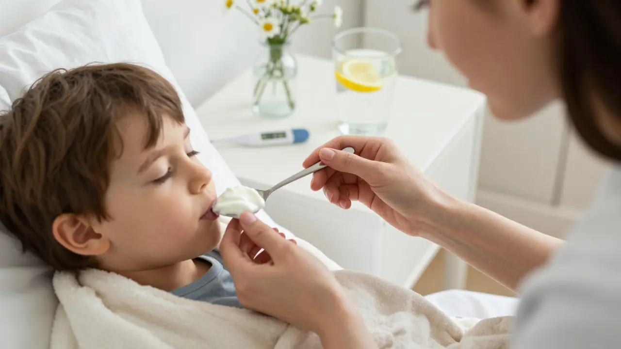Matka nabízí dítěti jogurt, když je dítě v plátně a horečka na teploměru.