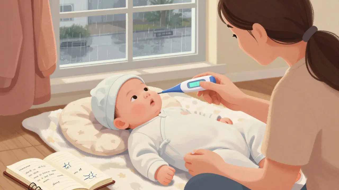 Rodič měří teplotu dvouměsíčního miminka pod paží po procházce, dítě leží na plaidu v domácím prostředí.