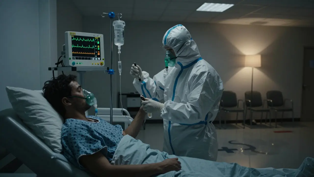 Zdravotní sestra podává antitoxin pacientovi s diphtherií v nemocnici.