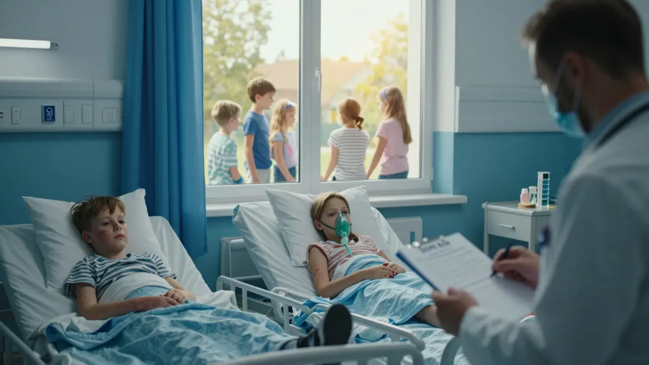 Dětské oddělení nemocnice s neochráněnými dětmi v izolaci a zdravými dětmi hrajícími venku ve světle.