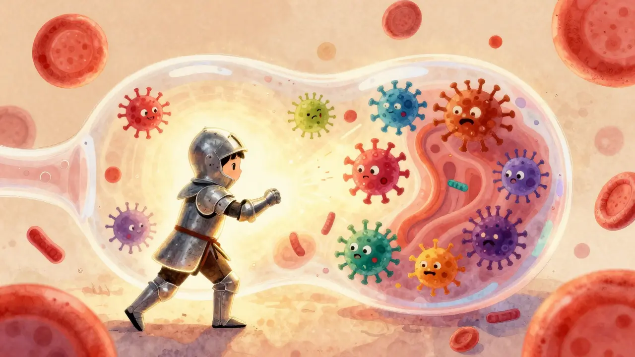 Ilustrace imunitního systému dítěte jako rytíře bojujícího s viry.
