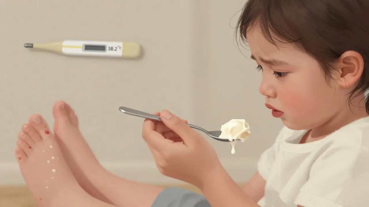 Matka podává dítěti zmrzlinu, která pomáhá zmírnit bolest v ústech.