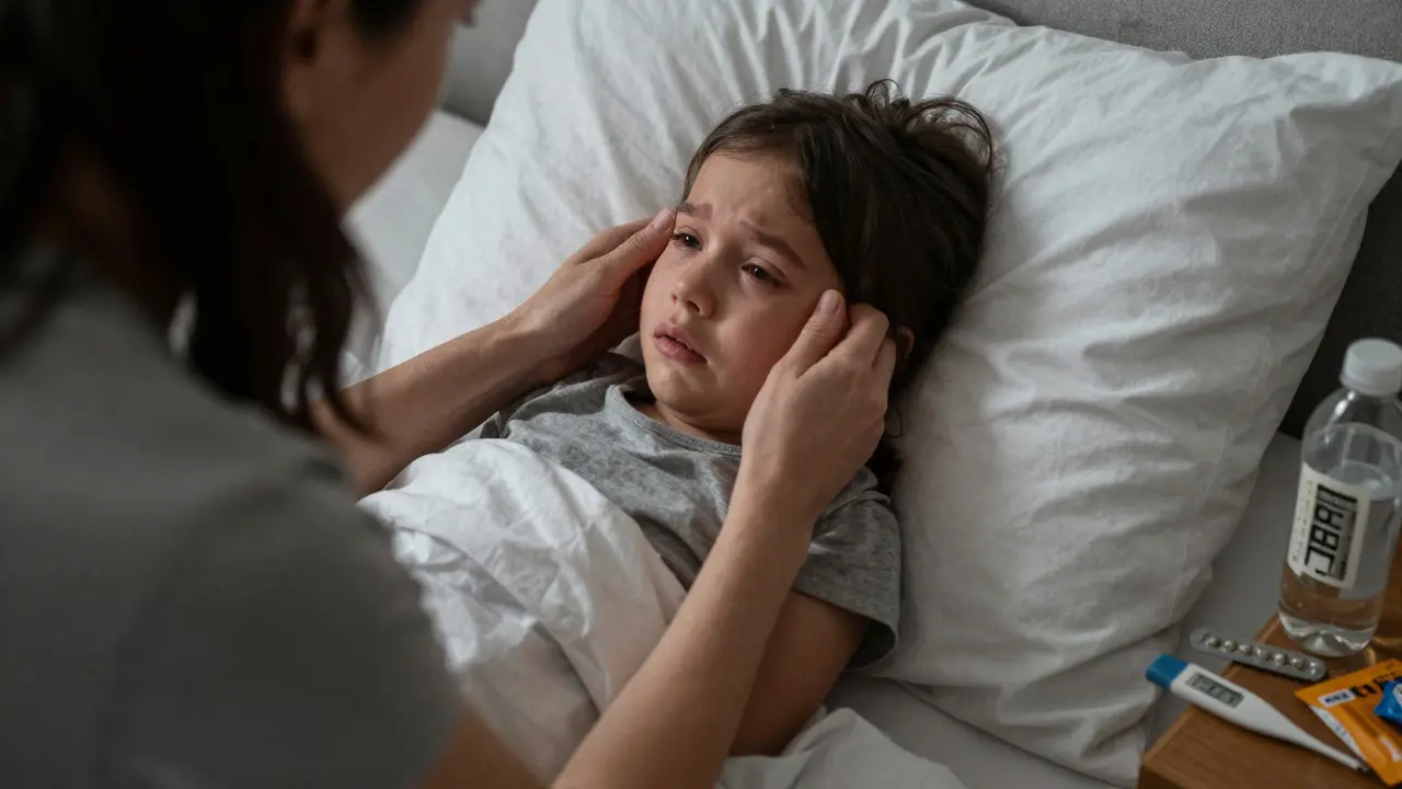 Matka pomáhá dítěti sednout, dítě pláče a odmítá pohyb z důvodu svalové bolesti.