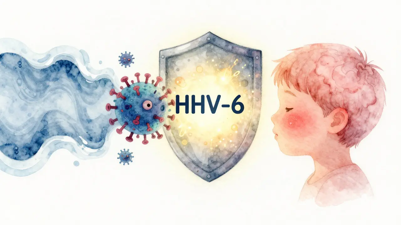 Symbolický obraz imunitního systému dítěte, který odrazuje virus a vyrážka se rozplynuje ve světle.