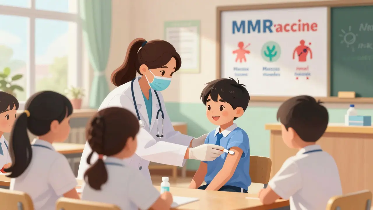 Five-year-old child receiving second MMR dose during school health check-up with classmates nearby.