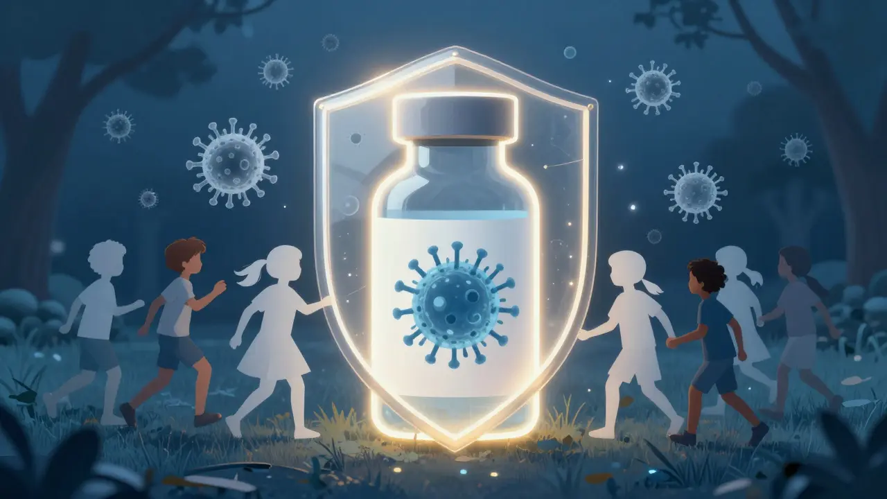Protective vaccine shield repelling viruses around children playing in a park, symbolizing herd immunity.