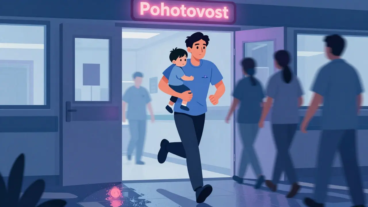 Rodič s dítětem běží do nemocniční pohotovosti v noci.