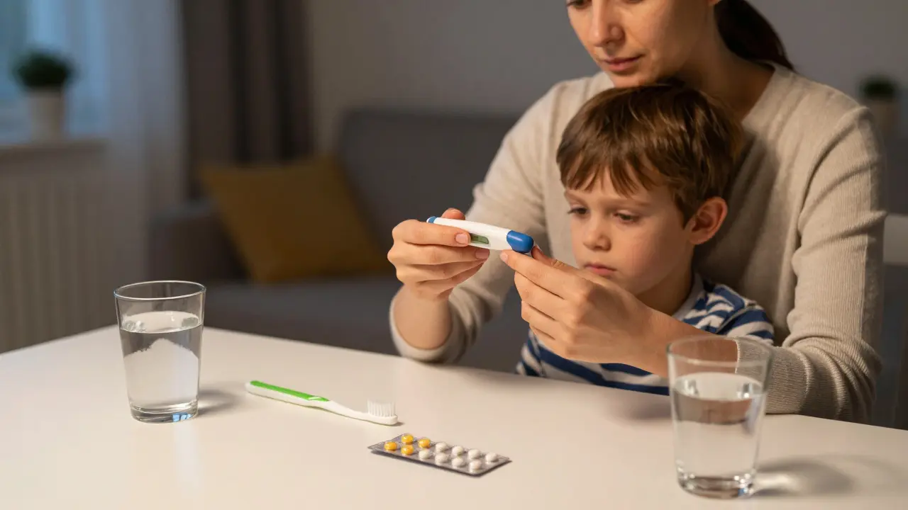 Rodina v domácnosti: matka měří dítěti teplotu, nový štěteček a antibiotika na stole, teplé osvětlení.