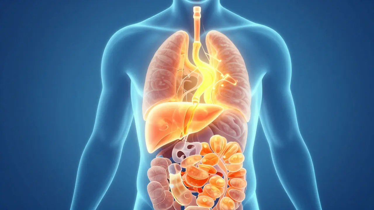 Abstraktní ilustrace metabolických fází hladovění v těle