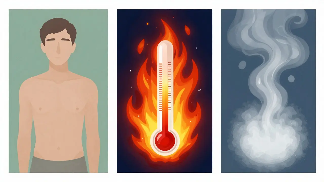 Abstraktní ilustrace tří dnů horečky s kontrastem mezi klidem a prudkým nárůstem teploty.
