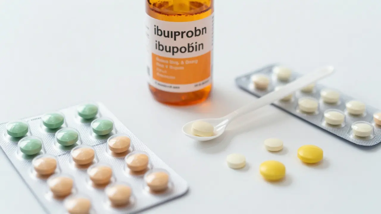 Dětský sirup s odměrkou a žvýkací tablety na bílém podkladu