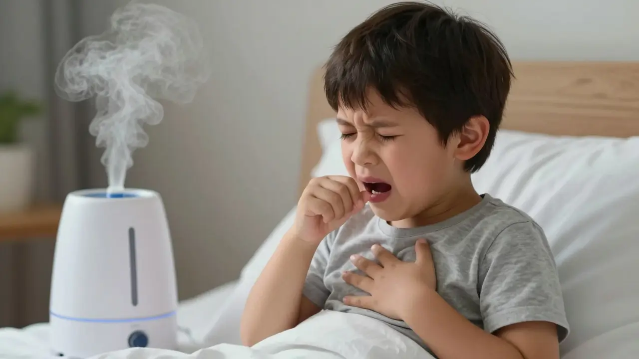 Dítě s respiračními potížemi a inhalátorem