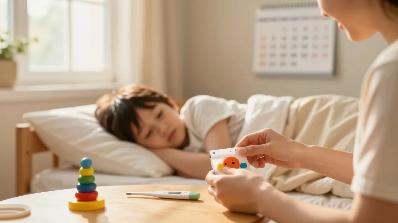 Dítě v izolaci doma s kalendářem a rodič dezinfikující hračky