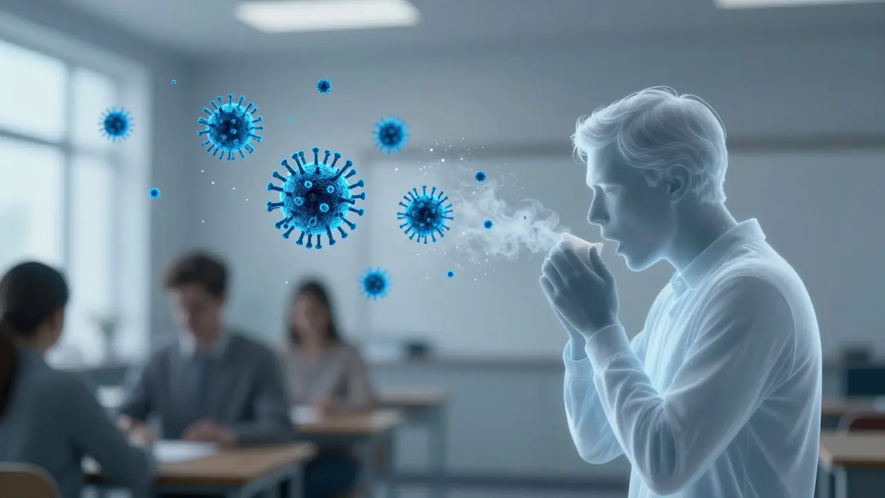 Konceptuální zobrazení přenosu viru spalnic vzduchem ve skupině lidí