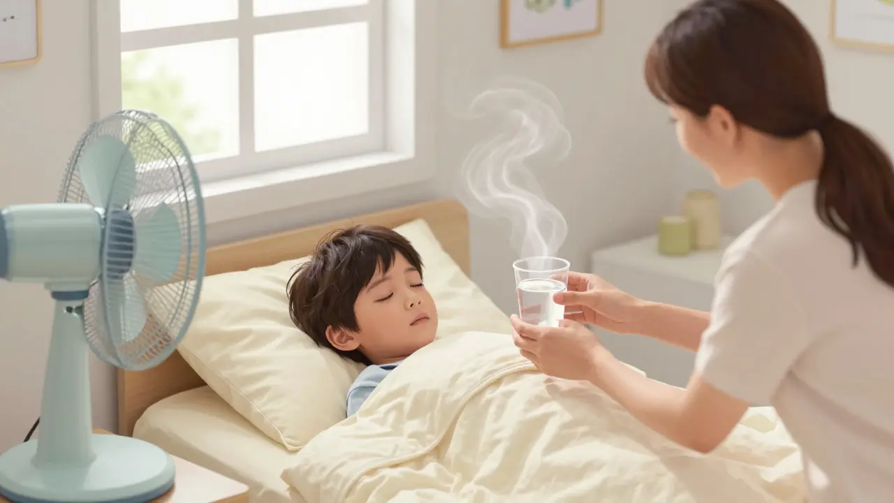Nemocné dítě pije tekutiny v chladné, větrané místnosti