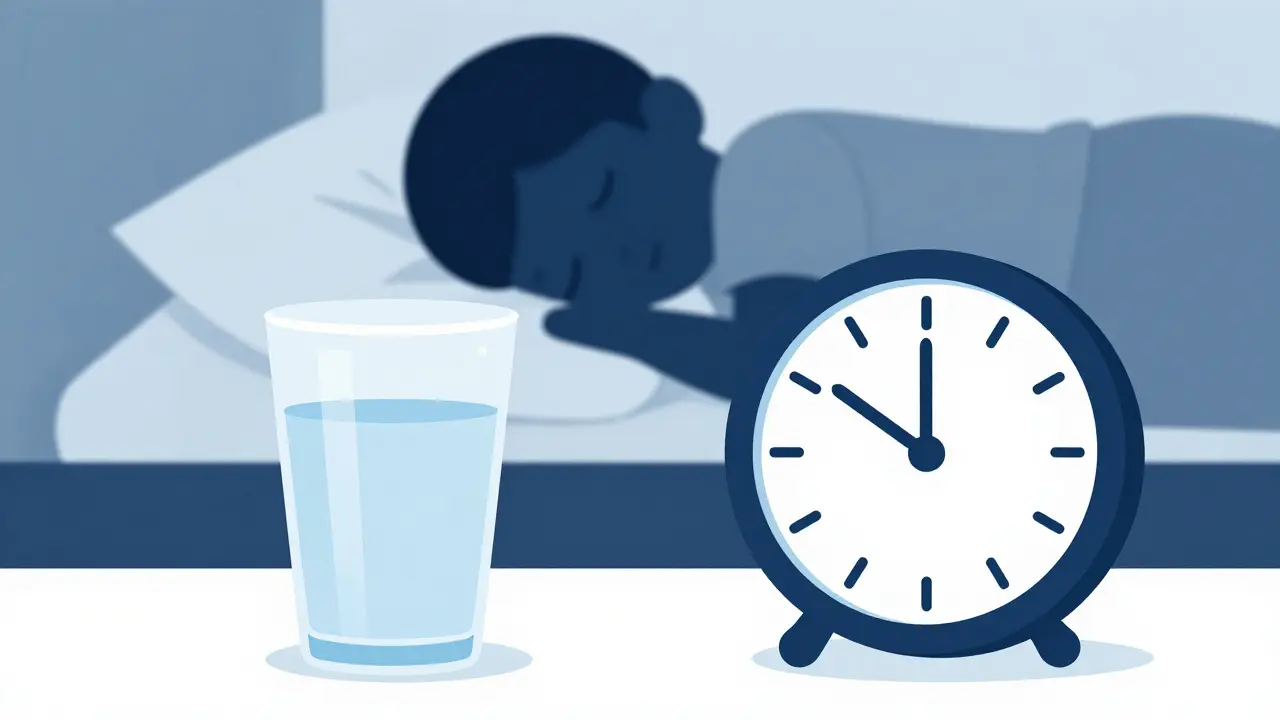 Sklenice vody a budík vedle postele s dítětem spícím pod ochrannou podložkou