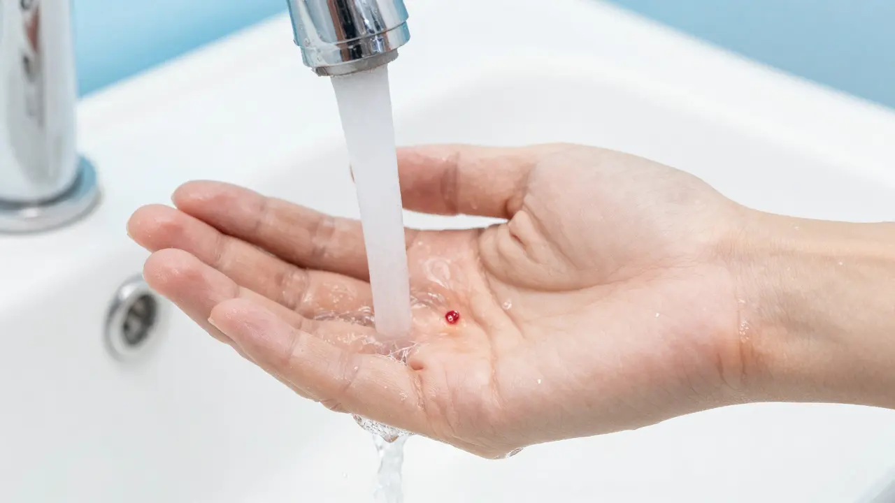 Umývání rány tekoucí vodou a mýdlem jako první pomoc při prevenci infekce.