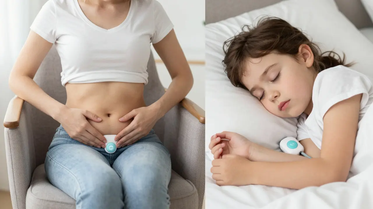 Žena cvičí pánevní dno a dítě spí s budicí zvlhčovačkou.