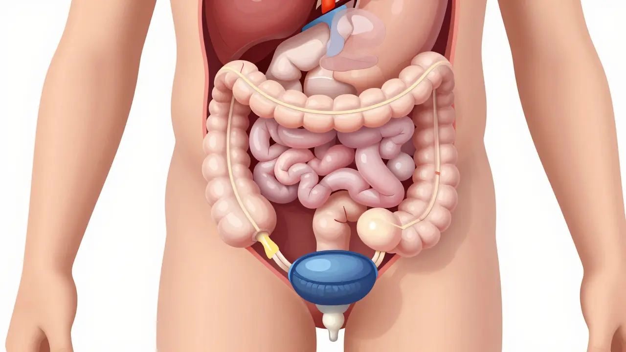 Anatomická ilustrace tlaku střeva na močový měchýř