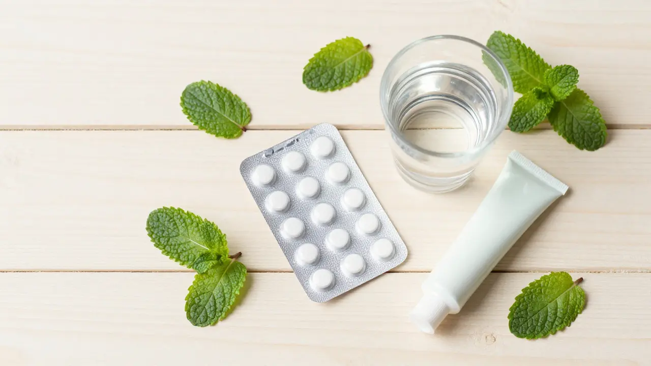 Antihistaminika a uklidňující gel s mátou na dřevěném stole