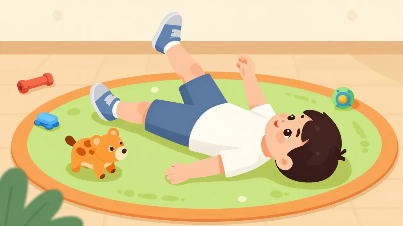 Dítě hraje hru s hračkami na podlaze pro posílení svalů