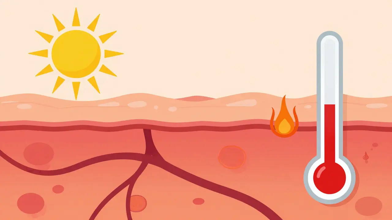 Ilustrace vlivu slunce a tepla na zhoršení vyrážky
