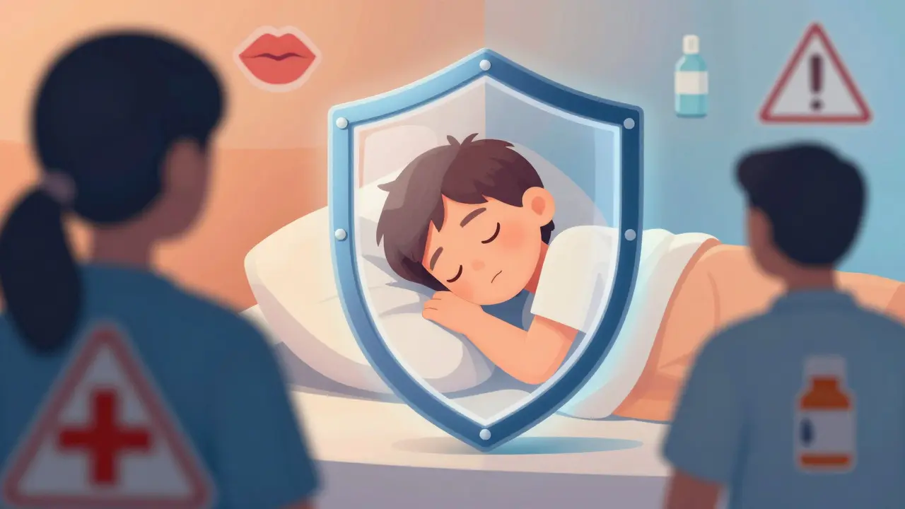 Konceptální ilustrace imunity a péče o nemocné dítě