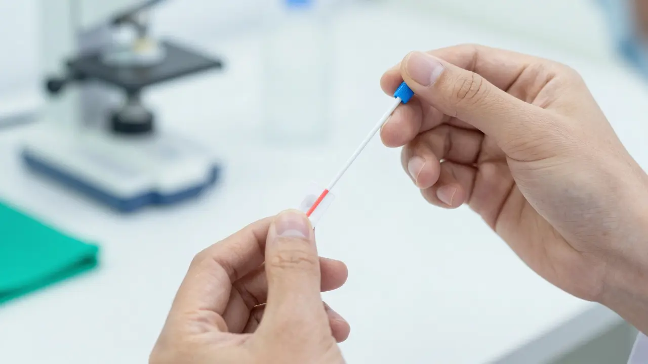 Lékař provádí rychlý test na streptokok u pacienta