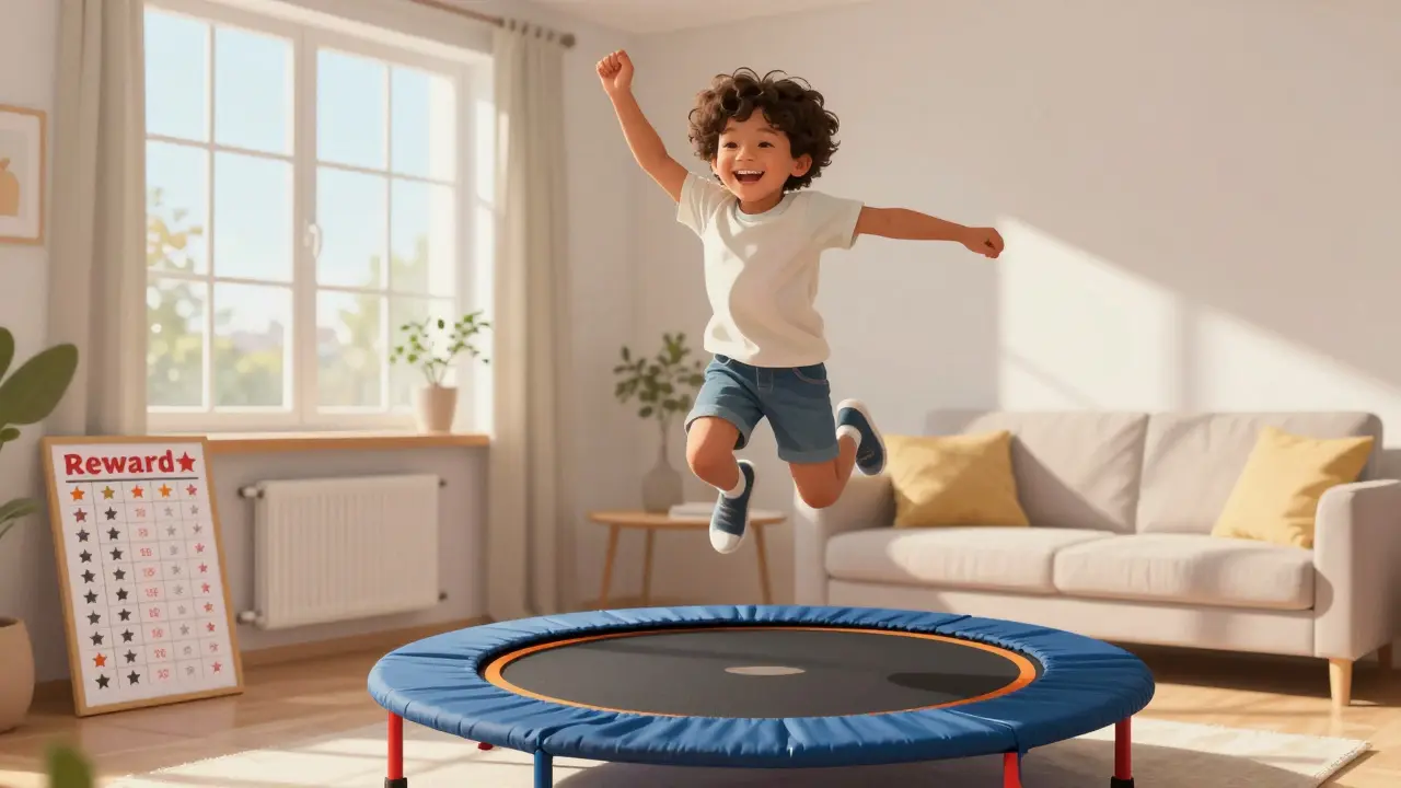 Šťastné dítě skáče na trampolíně v oslnivém obývacím pokoji