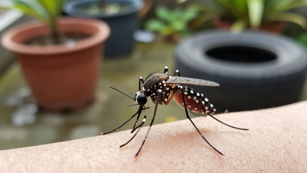 Záběr komára rodu Aedes na lidské kůži s tropickým pozadím