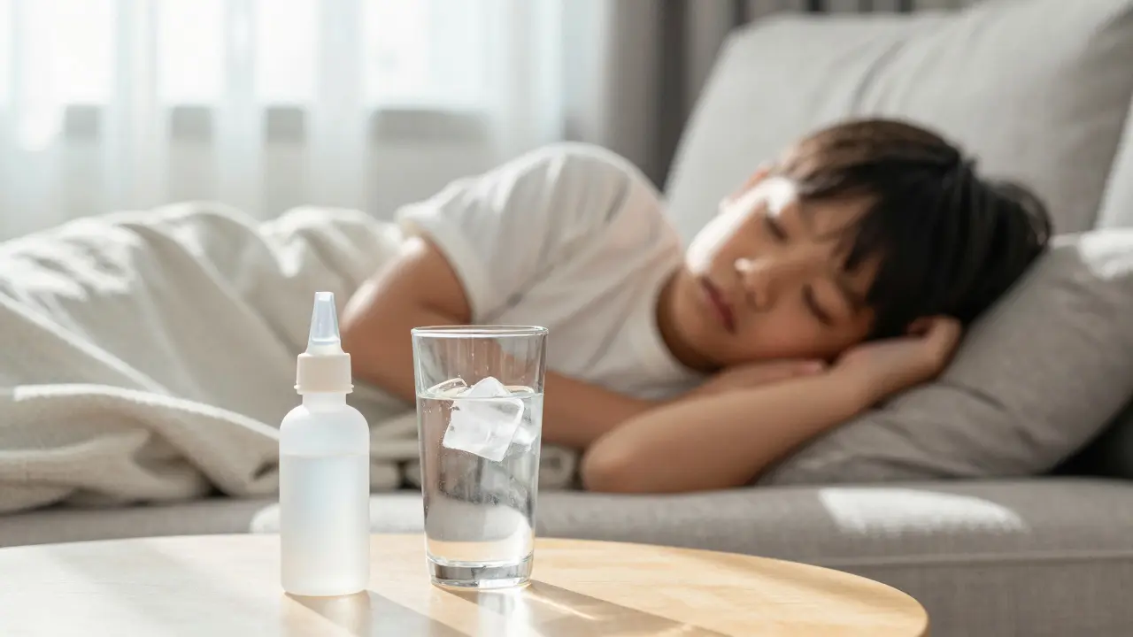 Dítě odpočívá doma s tekutinami pro hydrataci